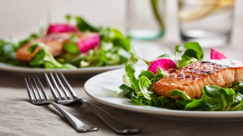 Two grilled salmon fillets served on leafy green salads with pink radishes on white plates at a dining table