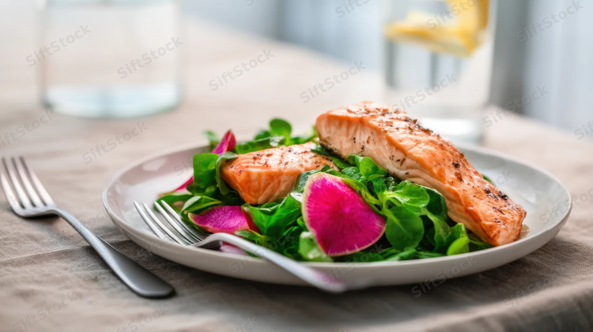 Two grilled salmon fillets on a bed of greens and radish slices served on a plate with cutlery on a wooden table