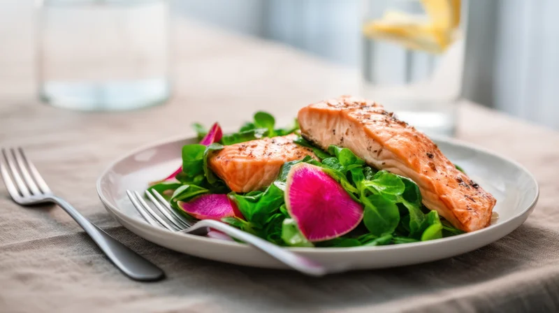 Two grilled salmon fillets on a bed of greens and radish slices served on a plate with cutlery on a wooden table