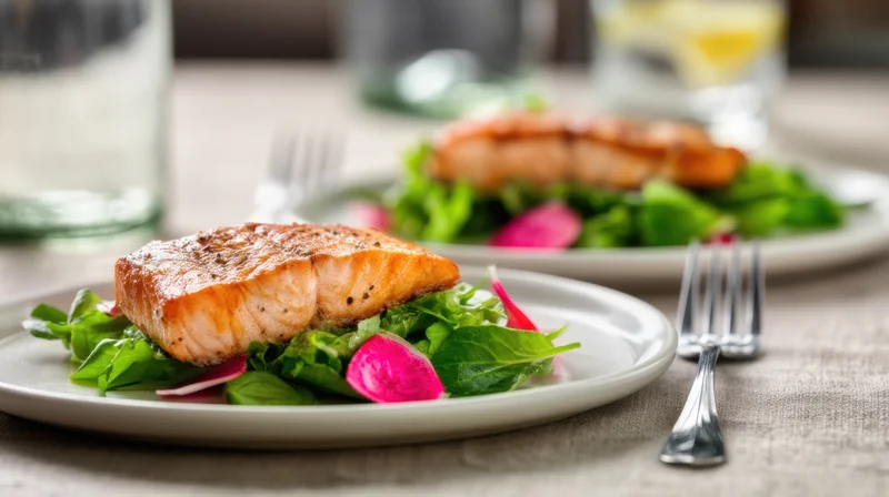 Grilled salmon fillets served on green salad with radish slices on white plates at a dining table