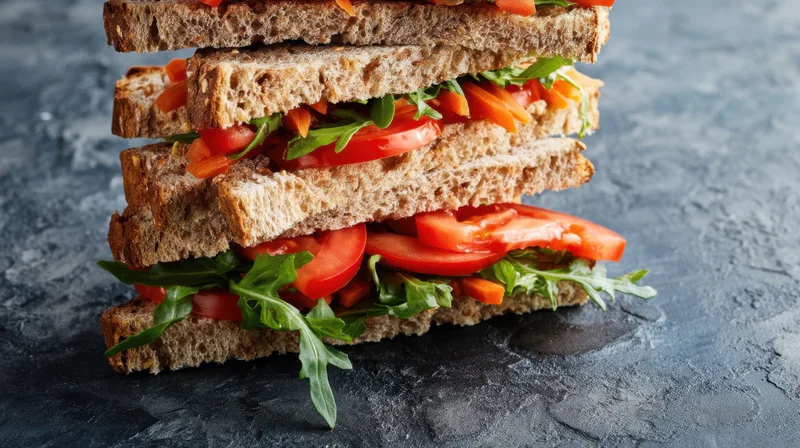 Stacked wholegrain sandwich with tomato arugula and carrot on dark stone surface