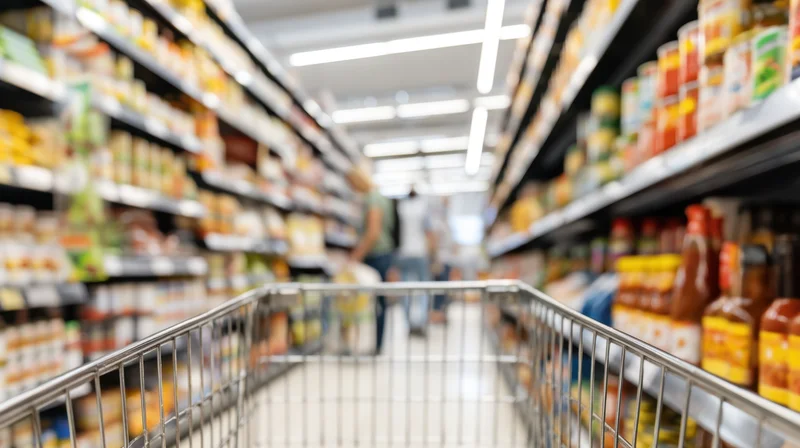 Shopping cart view down a grocery store aisle with shelves stocked with food and beverages