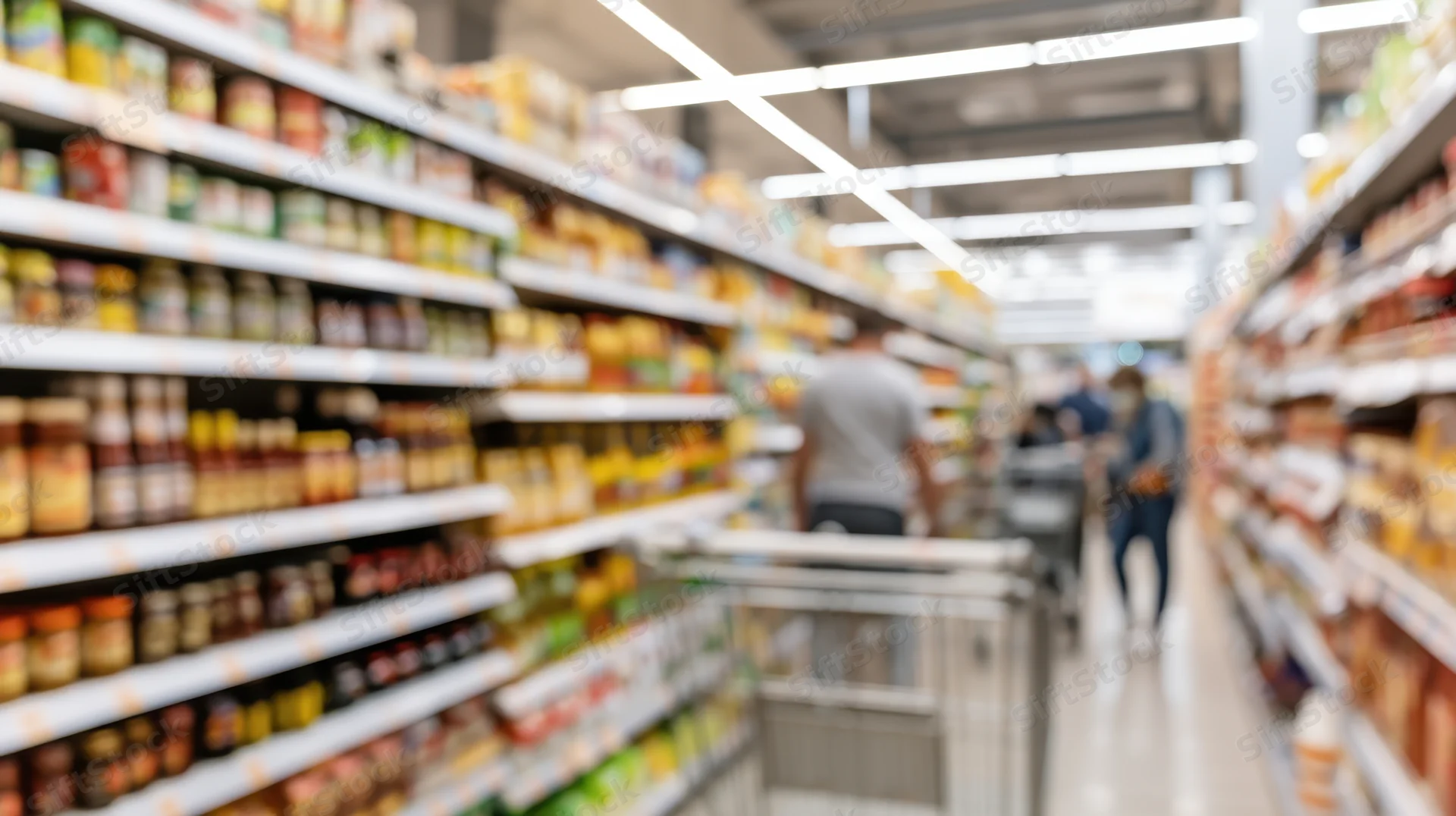 People shopping in a grocery store aisle with well-stocked shelves and a shopping cart in the foreground