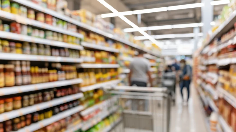 People shopping in a grocery store aisle with well-stocked shelves and a shopping cart in the foreground