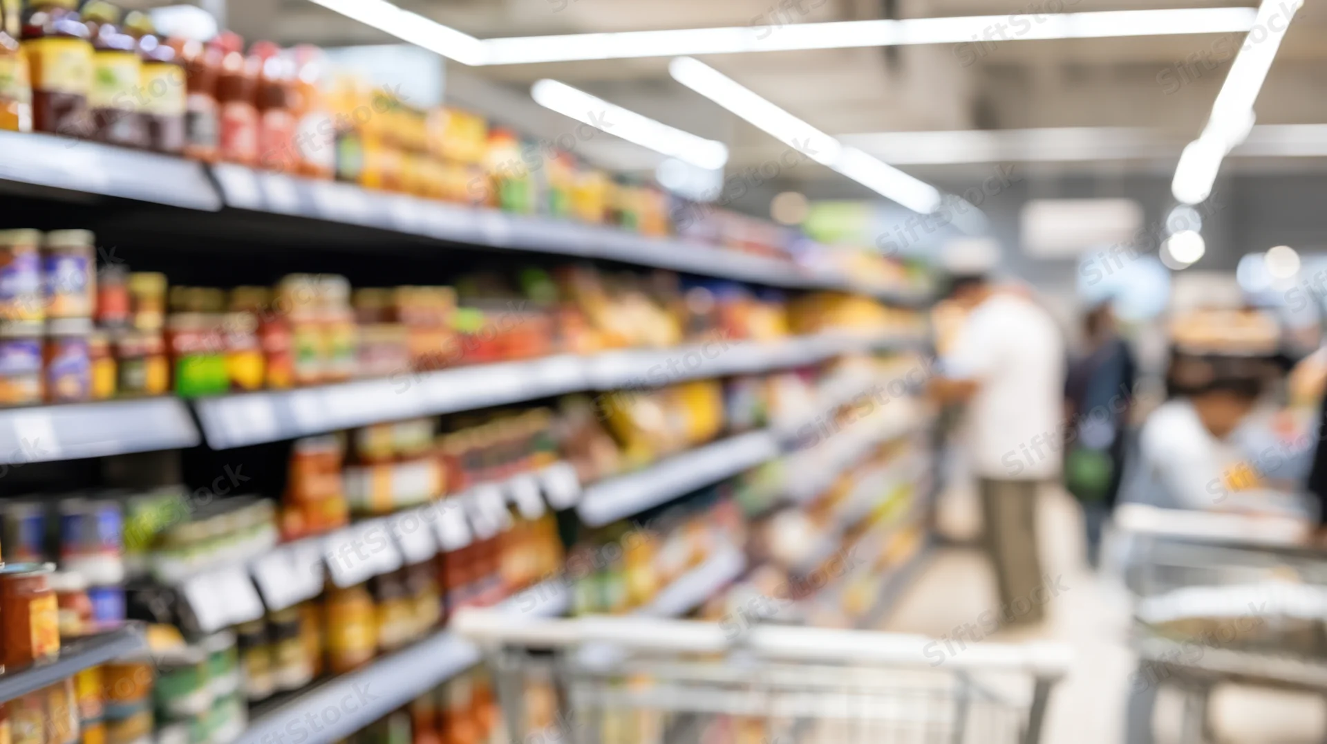 Grocery store interior with well-stocked shelves and shoppers in an aisle
