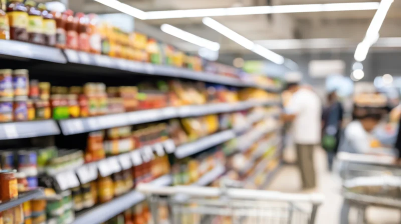 Grocery store interior with well-stocked shelves and shoppers in an aisle