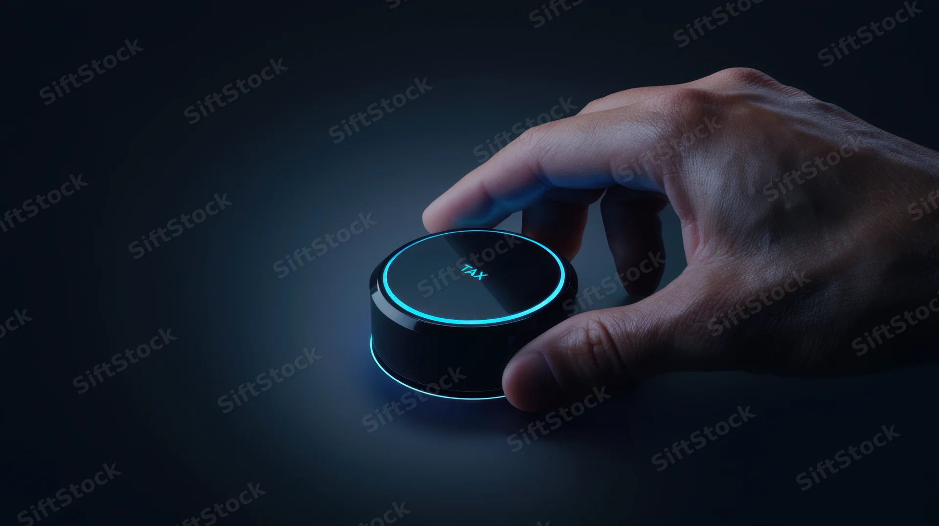 Hand adjusting a futuristic illuminated tax knob on a dark surface