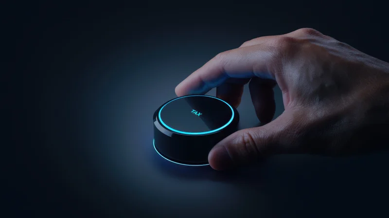 Hand adjusting a futuristic illuminated tax knob on a dark surface