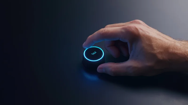Hand adjusting a glowing blue futuristic tax knob on a dark surface
