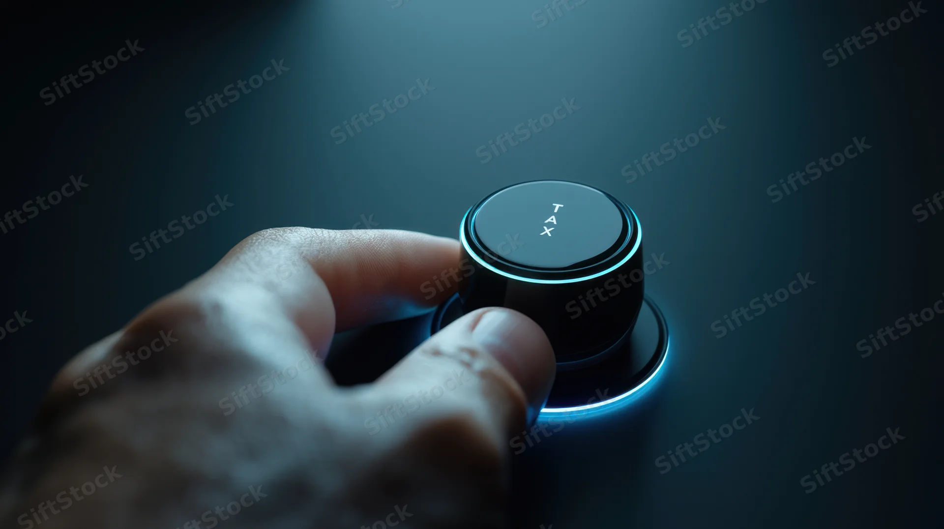 Hand adjusting a futuristic illuminated tax knob on a dark surface