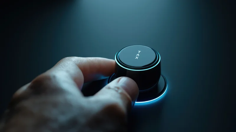 Hand adjusting a futuristic illuminated tax knob on a dark surface