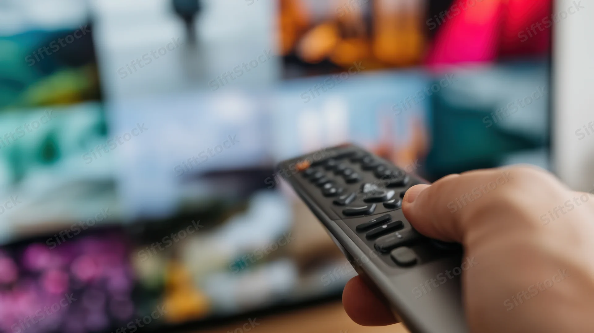 Hand holding remote control aimed at television screen in living room