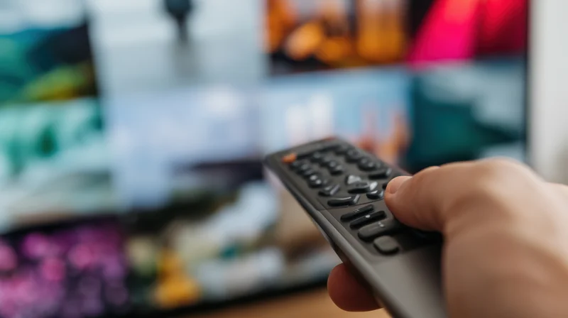 Hand holding remote control aimed at television screen in living room