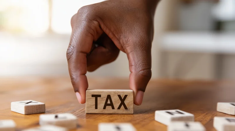 Hand placing wooden block with tax letters on wooden table