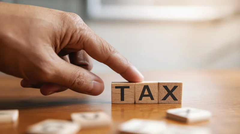 Hand placing wooden blocks spelling tax on a wooden table