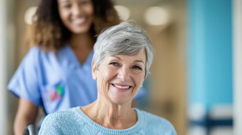 Senior woman smiling while seated in wheelchair with nurse in background at healthcare facility