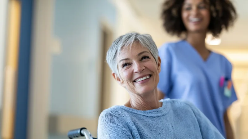 Senior woman smiling in wheelchair with nurse in hospital corridor