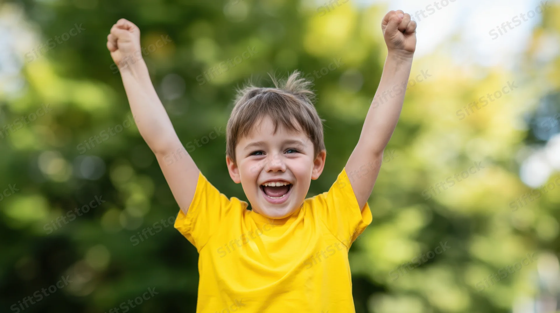 Young boy in yellow tshirt celebrating with arms raised outdoors in a green park