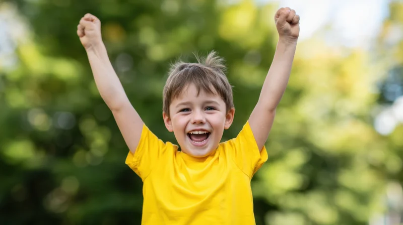 Young boy in yellow tshirt celebrating with arms raised outdoors in a green park
