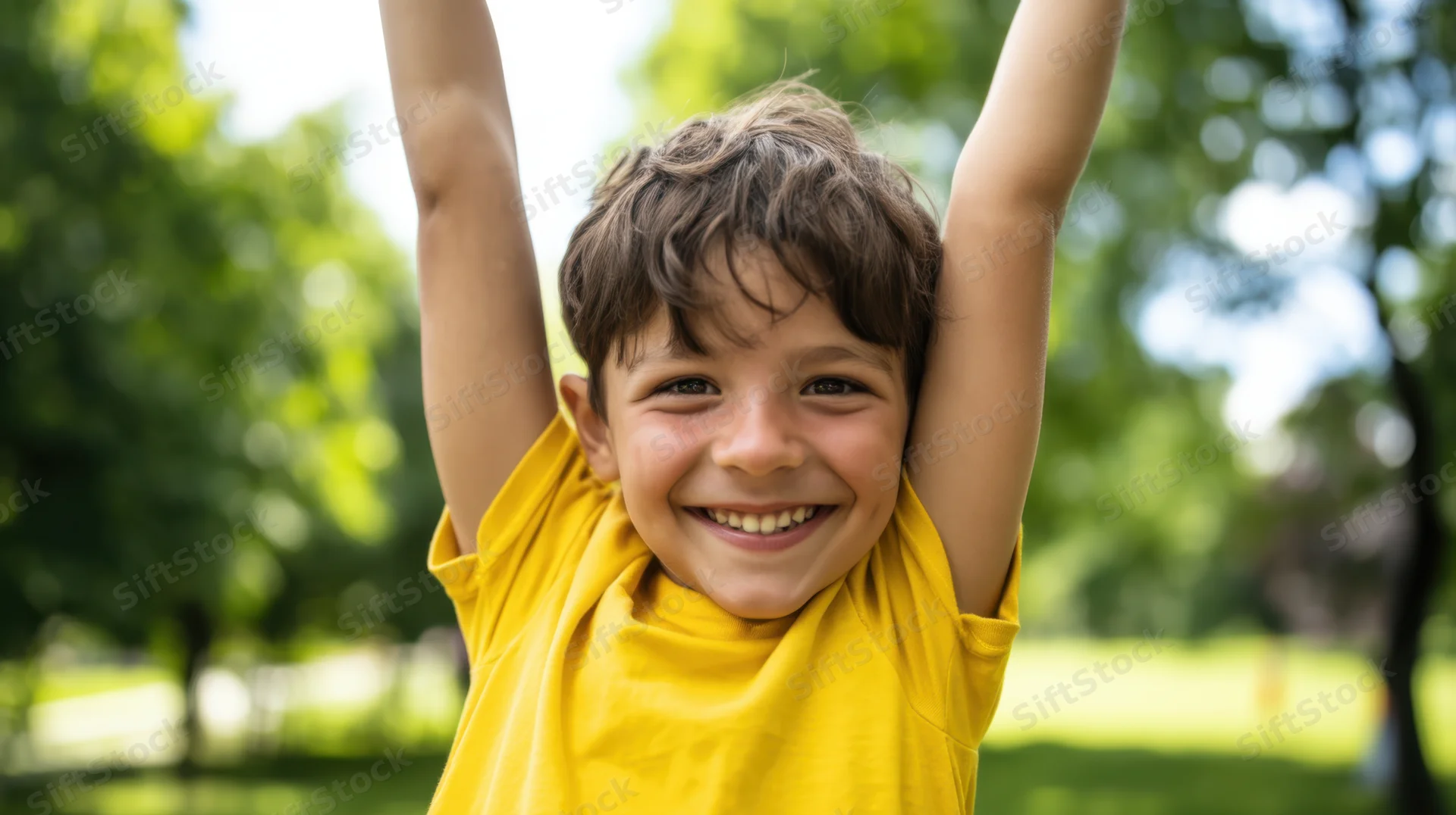 Young boy smiling with arms raised in a park wearing a yellow tshirt