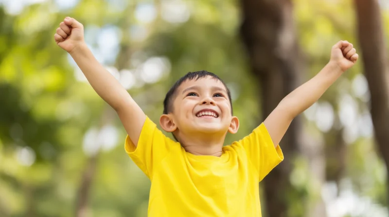 Young asian boy smiling with arms raised in celebration outdoors in a park