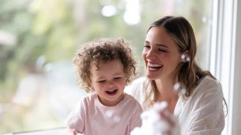 Mother and child laughing together during playful activity near window at home