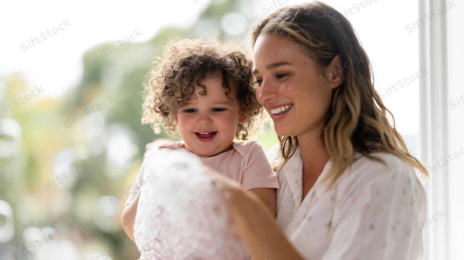 Mother holding toddler near window during playful activity, both smiling and laughing