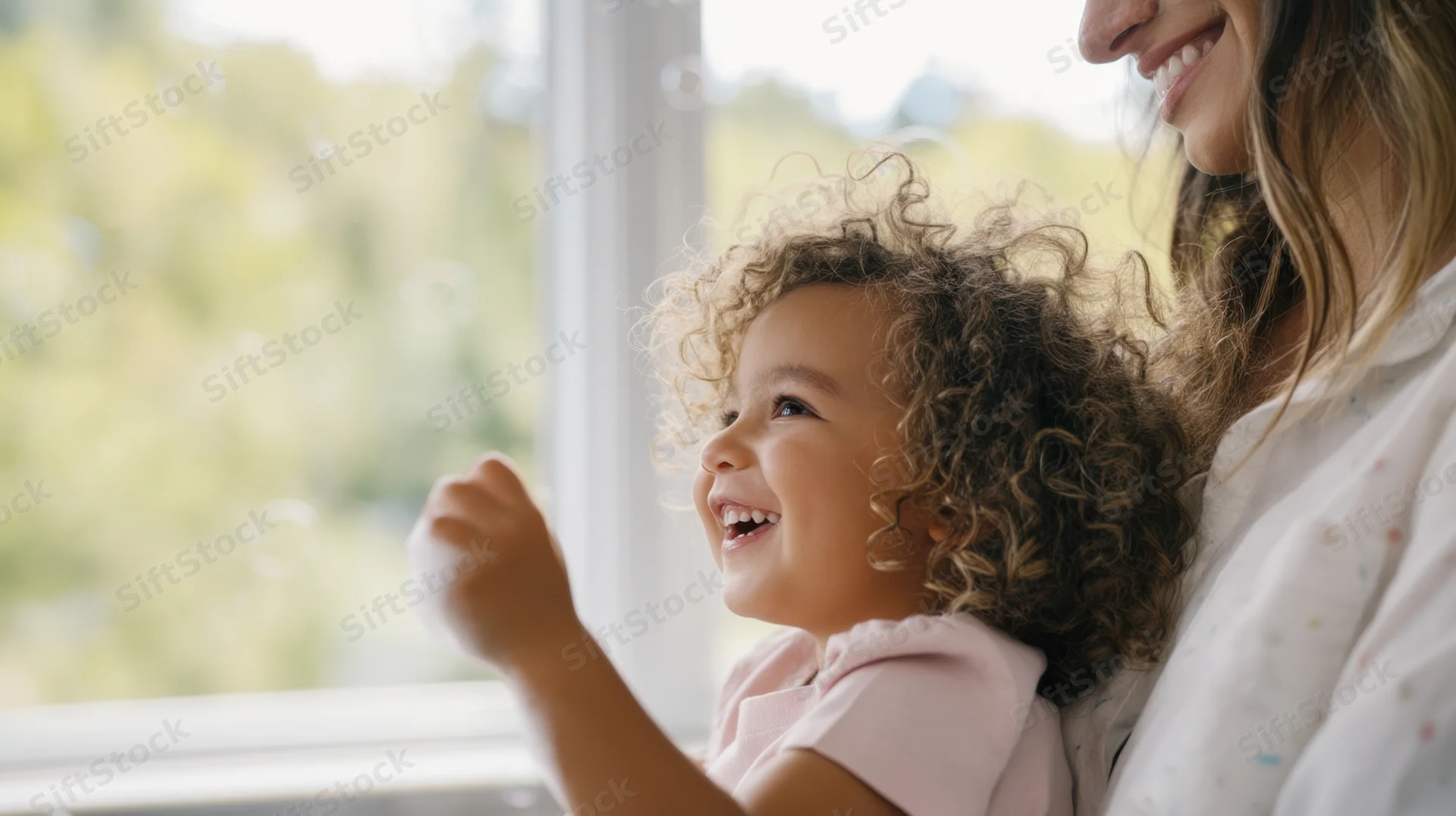 Mother and child laughing together by a window during a playful bubble activity at home