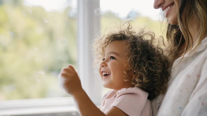 Mother and child laughing together by a window during a playful bubble activity at home