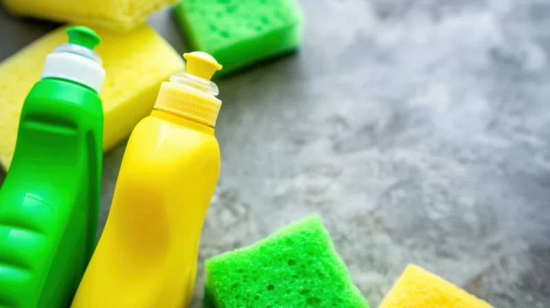 Two bottles of dish soap and sponges arranged on a gray countertop for kitchen cleaning