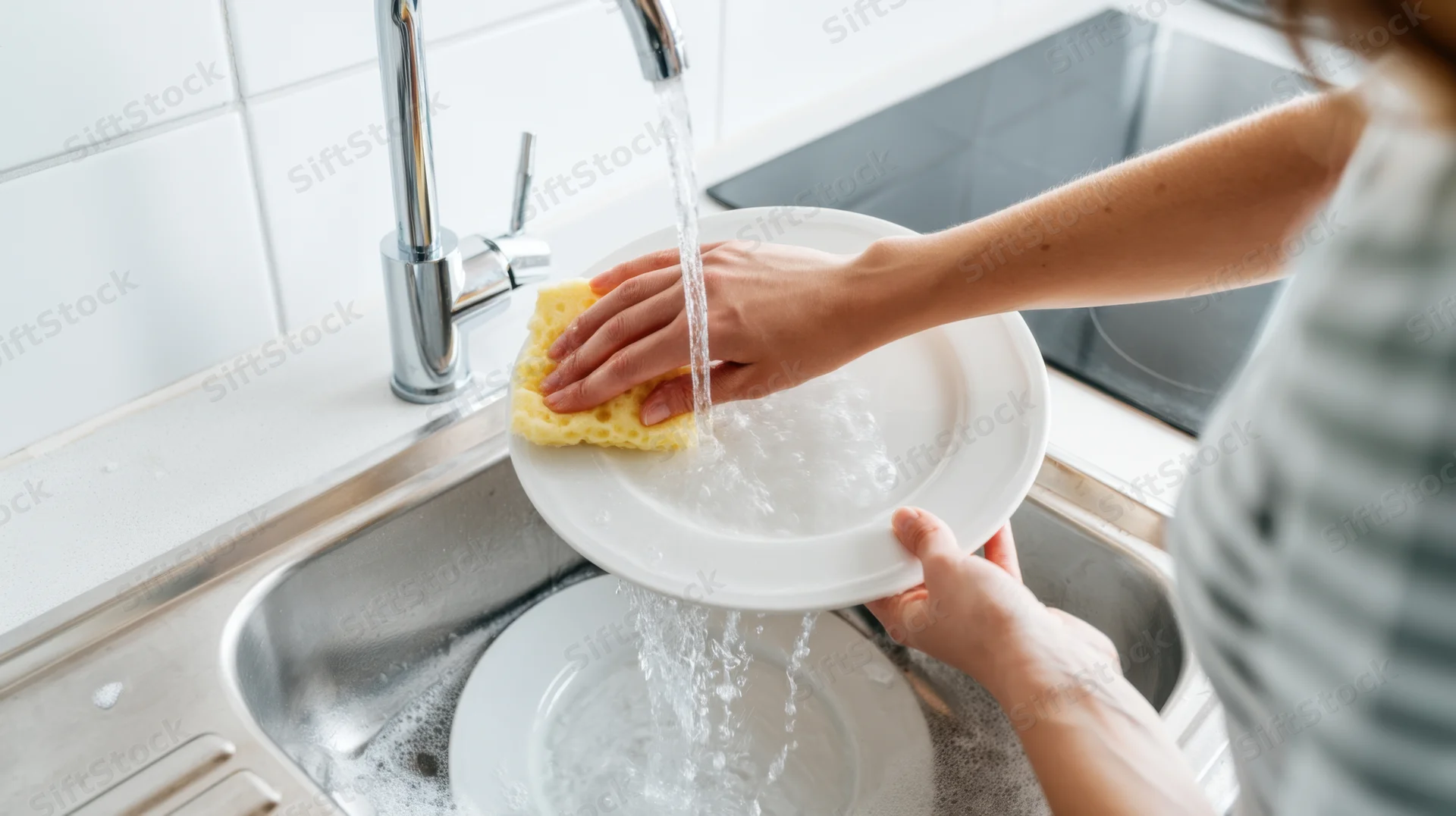 Woman washing a white plate with a sponge under running water in a kitchen sink
