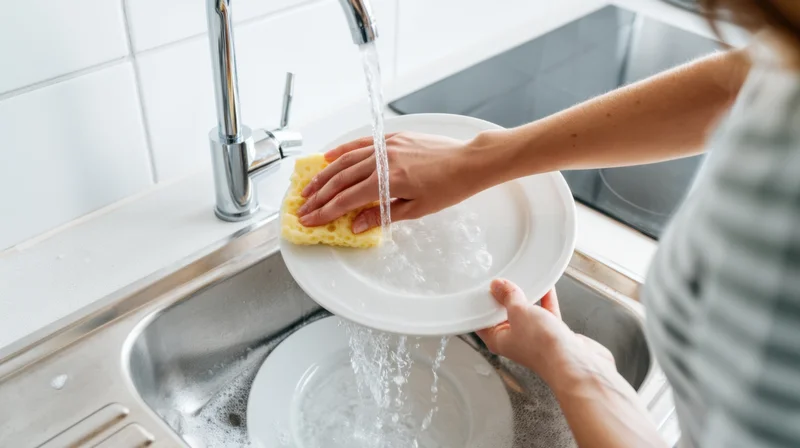 Woman washing a white plate with a sponge under running water in a kitchen sink