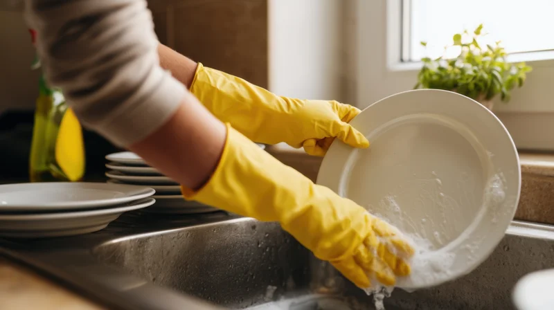 Woman wearing yellow rubber gloves washing a white plate in a kitchen sink