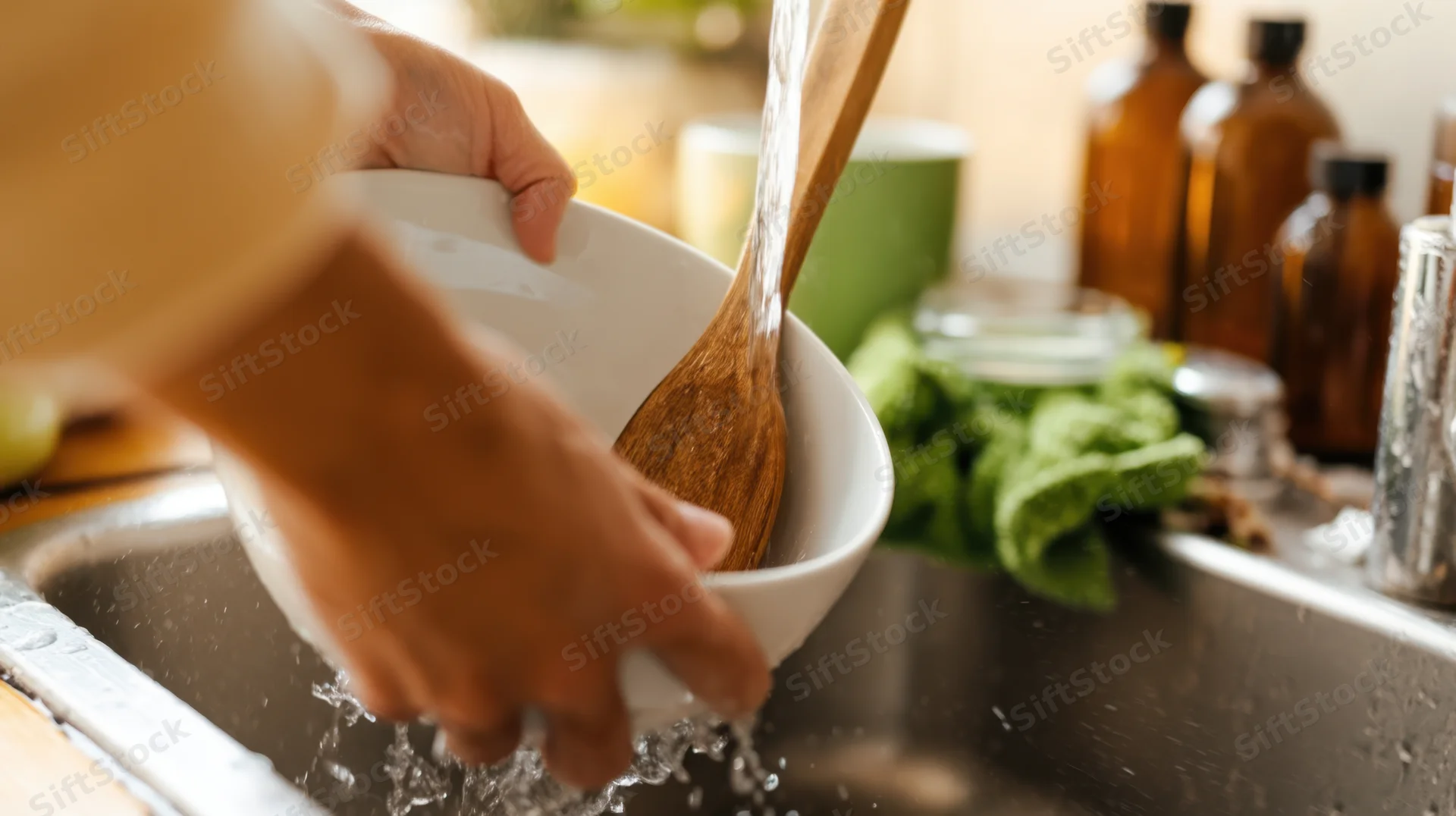 Hands washing a white bowl with wooden spoon under running water in kitchen sink