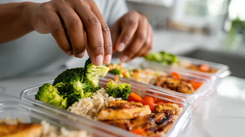 Person arranging broccoli and chicken in meal prep containers on kitchen counter