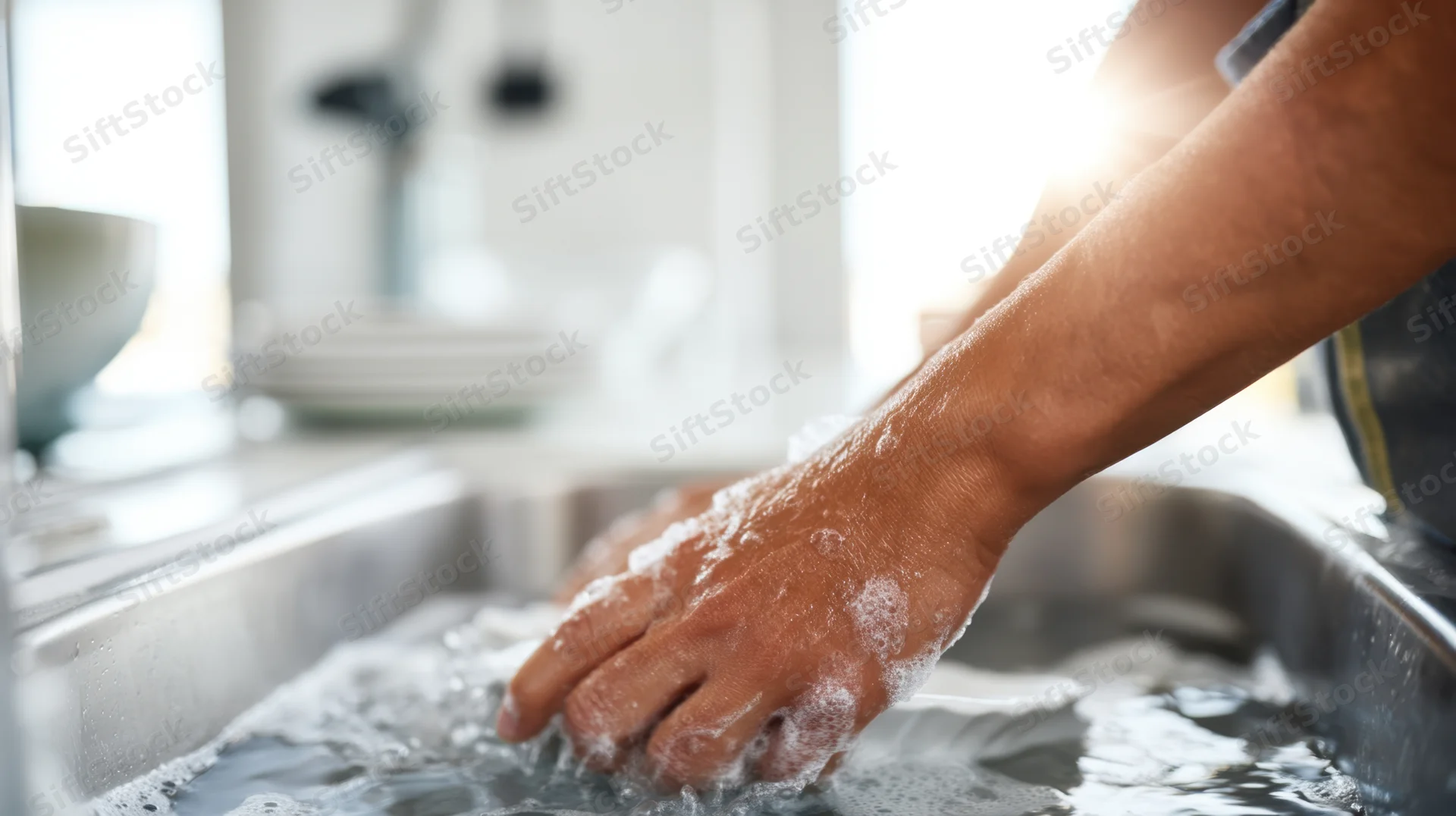 Man washing dishes in a kitchen sink with soapy water