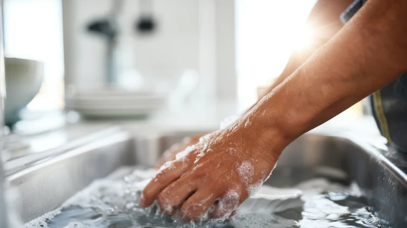 Man washing dishes in a kitchen sink with soapy water