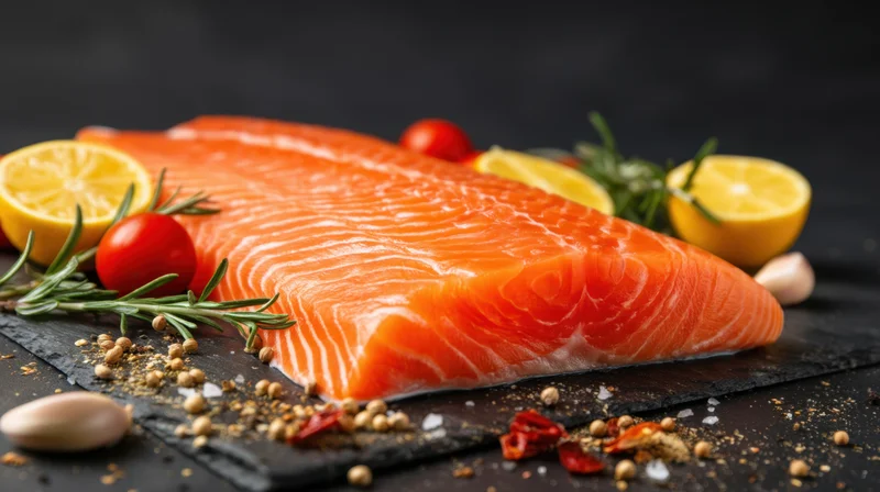 Fresh salmon fillet arranged with herbs and citrus on dark slate surface
