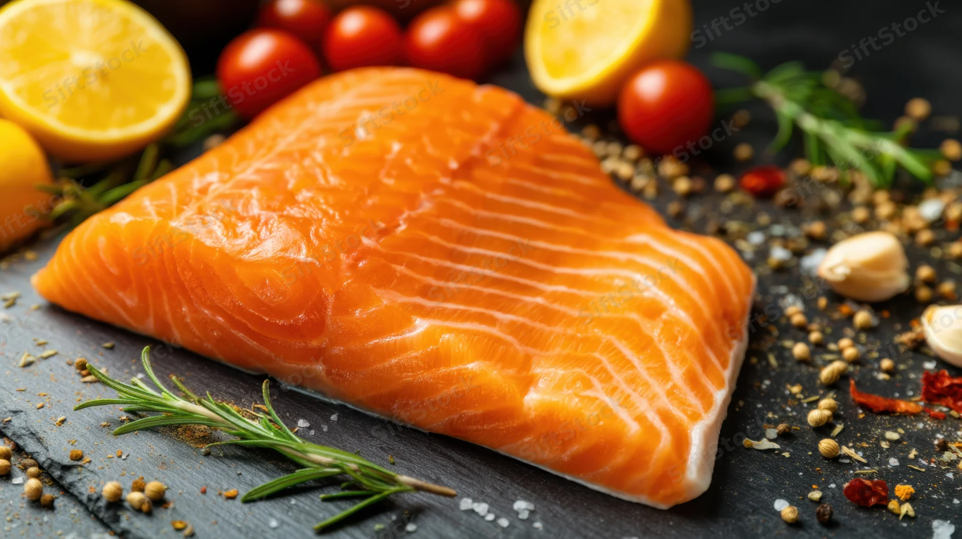 Fresh salmon fillet arranged on dark slate with lemon, tomatoes, rosemary and spices