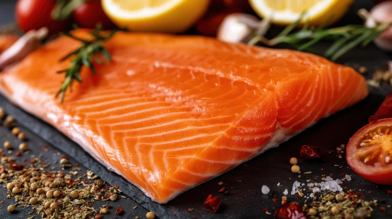 Fresh salmon fillet on dark slate surface with herbs and spices