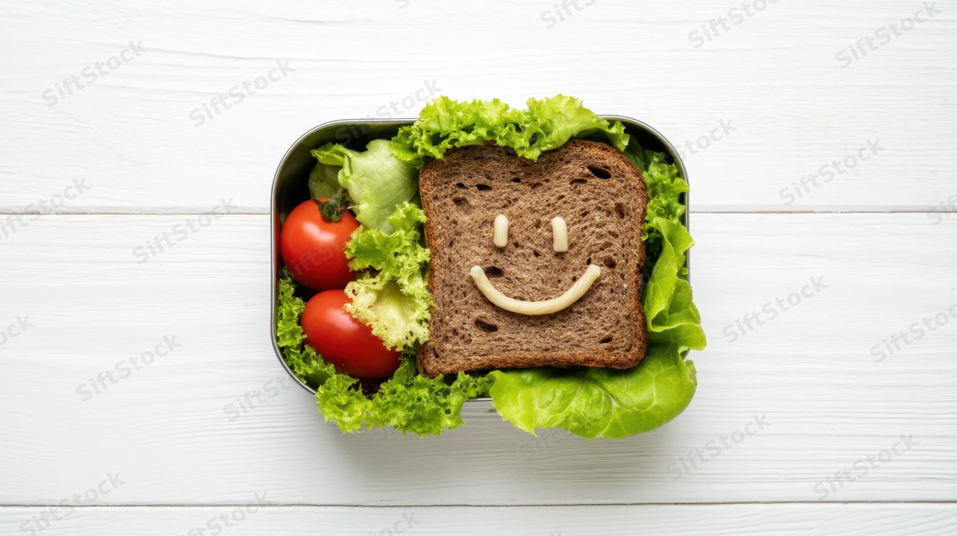 A lunchbox with a smiling sandwich made from dark bread, cherry tomatoes, and lettuce arranged on a wooden surface