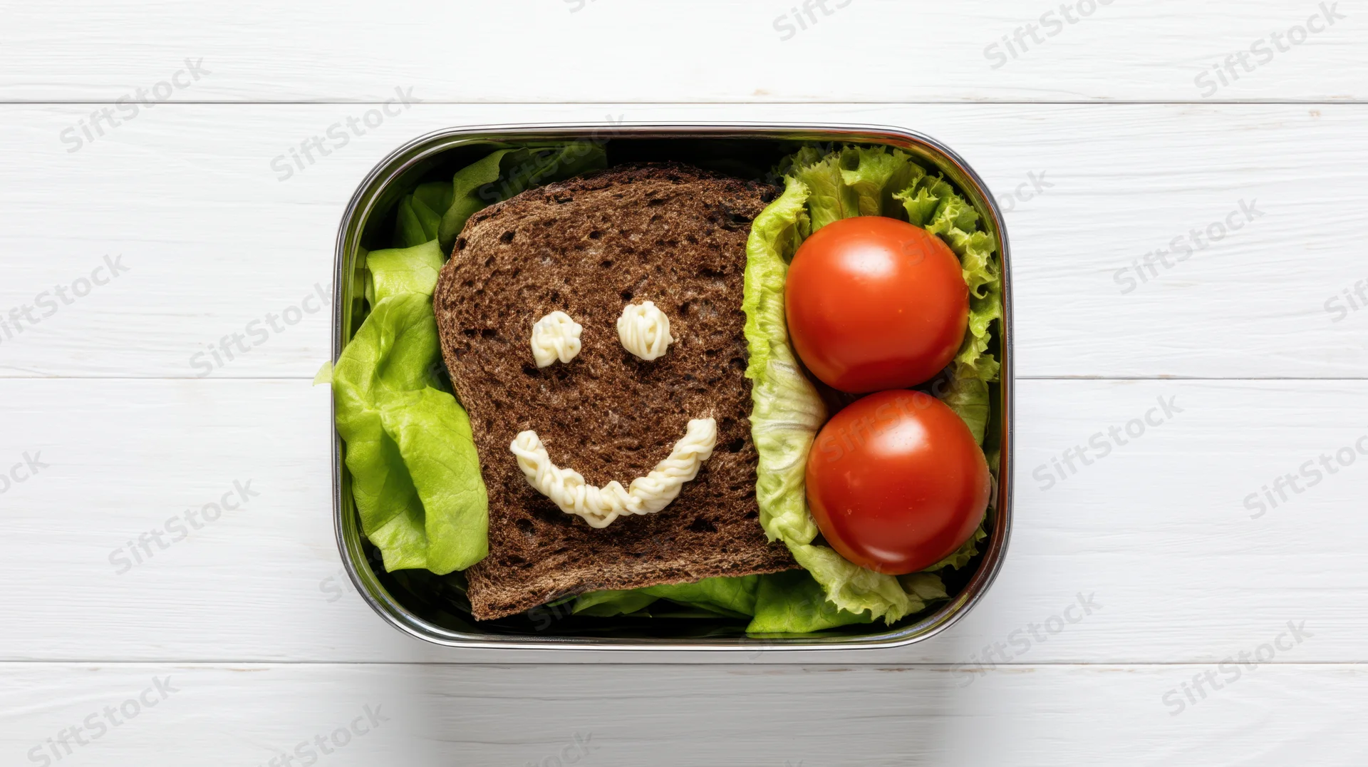 A lunchbox with a smiling sandwich made of dark bread and mayonnaise, lettuce and tomatoes on a white wooden surface