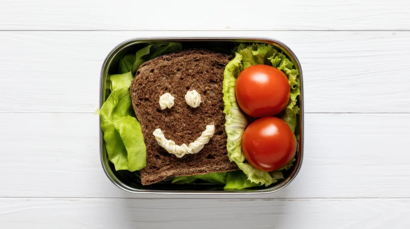 A lunchbox with a smiling sandwich made of dark bread and mayonnaise, lettuce and tomatoes on a white wooden surface