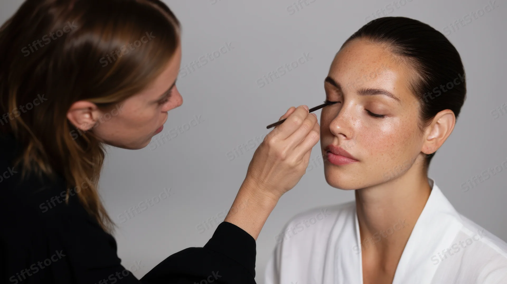 Makeup artist applying eyeliner to a model in a studio setting