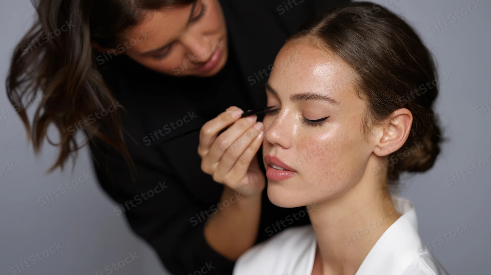Makeup artist applying eyeliner to a model's eye in a studio setting
