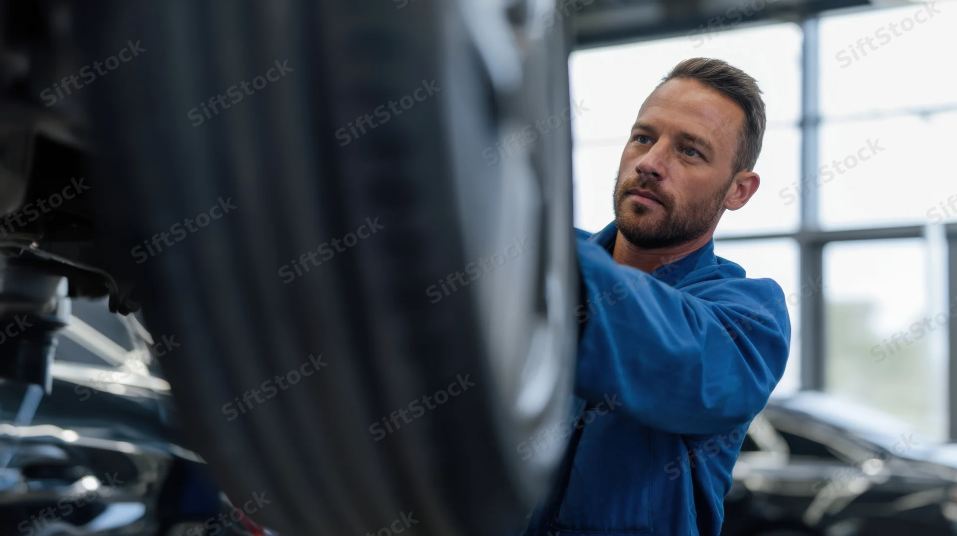 Male mechanic lifting car tire in workshop wearing blue uniform