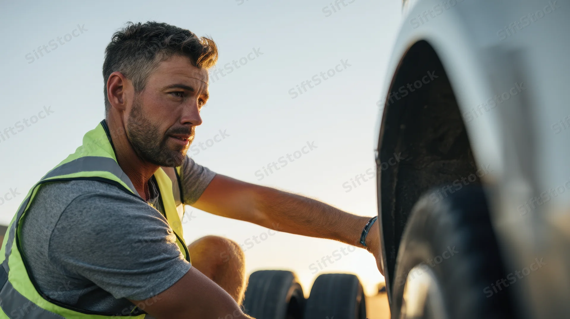 Man changing a tire on a vehicle outdoors wearing a safety vest and casual athletic clothing during golden hour