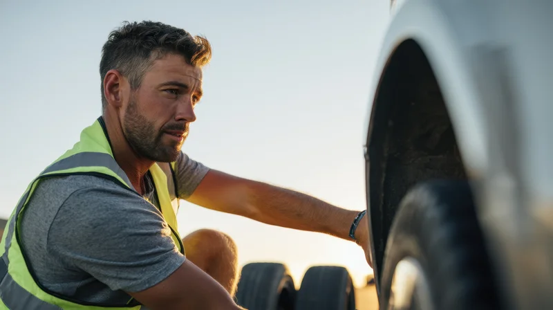 Man changing a tire on a vehicle outdoors wearing a safety vest and casual athletic clothing during golden hour
