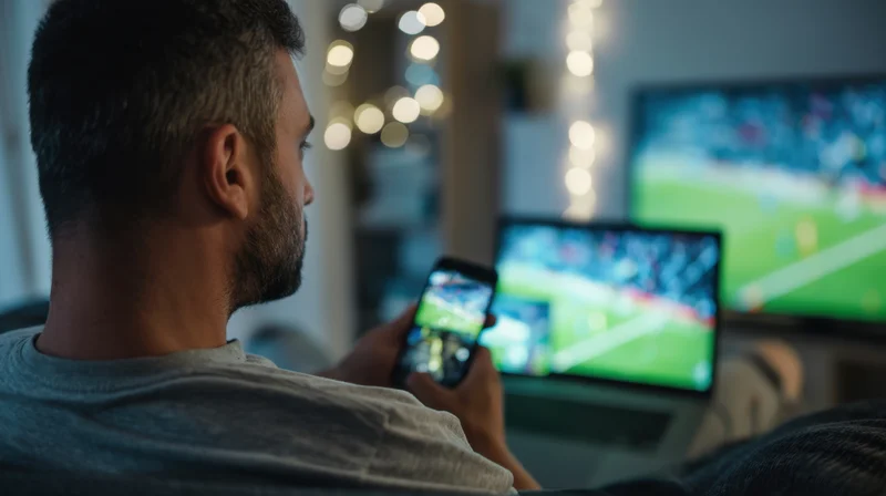 Man watching football match on multiple screens at home