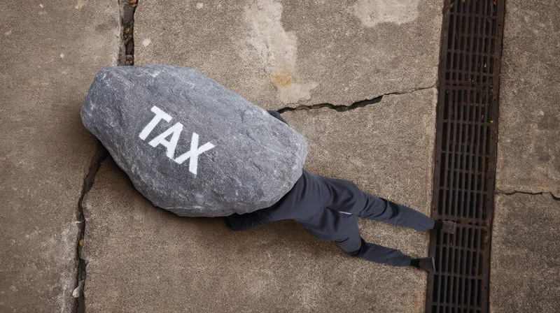 Man in suit struggling under large stone labeled tax on cracked pavement near drain grate